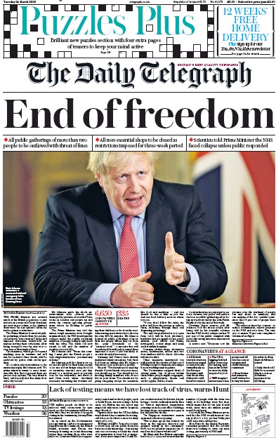 The Daily Telegraph Newspaper Front Page (UK) for 24 March 2020