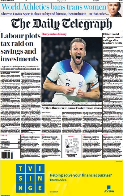 The Daily Telegraph Newspaper Front Page (UK) for 24 March 2023