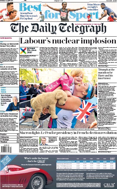 The Daily Telegraph Newspaper Front Page (UK) for 24 April 2017