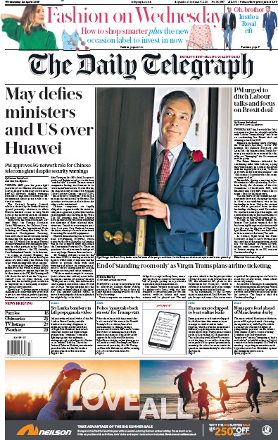 The Daily Telegraph Newspaper Front Page (UK) for 24 April 2019