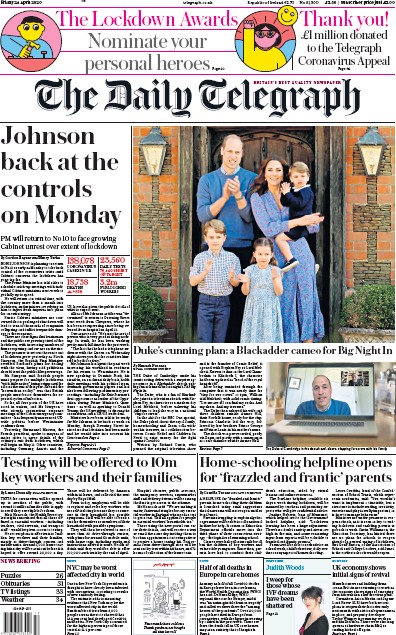 The Daily Telegraph Newspaper Front Page (UK) for 24 April 2020