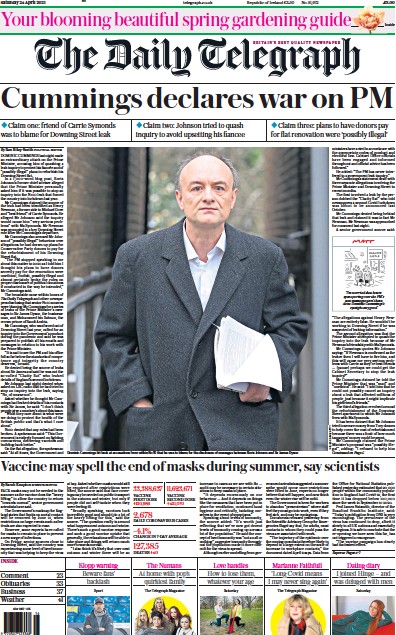 The Daily Telegraph Newspaper Front Page (UK) for 24 April 2021