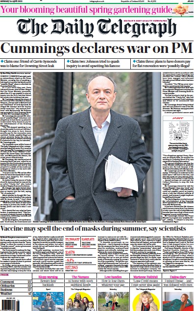 The Daily Telegraph Newspaper Front Page (UK) for 24 April 2021