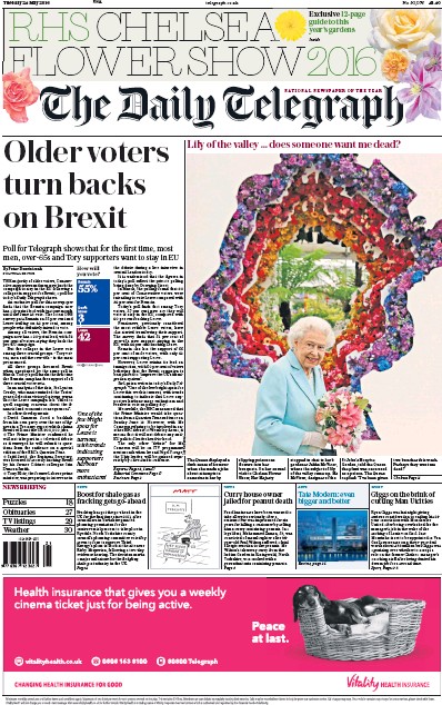 The Daily Telegraph Newspaper Front Page (UK) for 24 May 2016