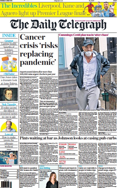 The Daily Telegraph Newspaper Front Page (UK) for 24 May 2021
