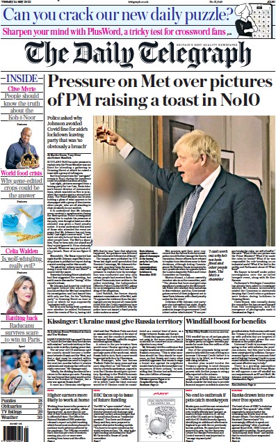 The Daily Telegraph Newspaper Front Page (UK) for 24 May 2022