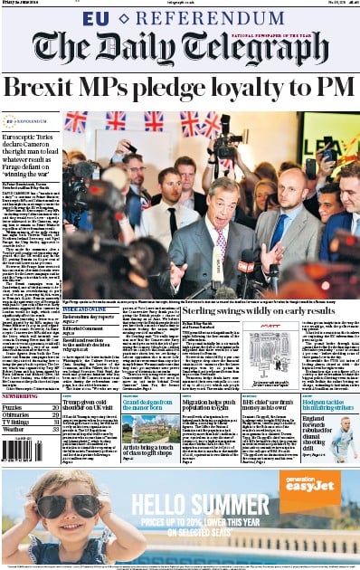 The Daily Telegraph Newspaper Front Page (UK) for 24 June 2016