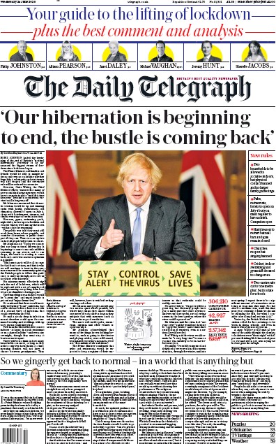 The Daily Telegraph Newspaper Front Page (UK) for 24 June 2020