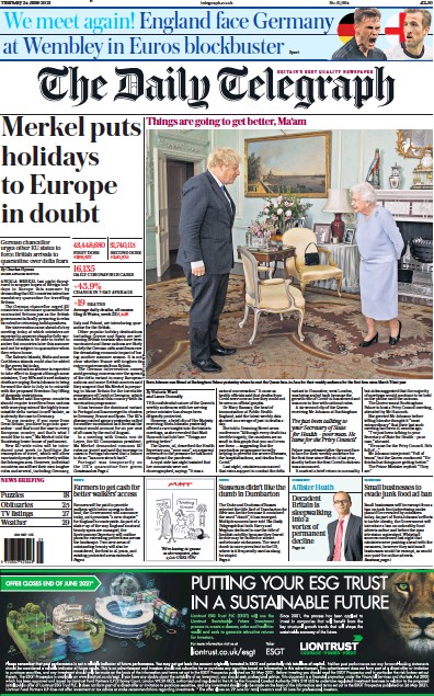 The Daily Telegraph Newspaper Front Page (UK) for 24 June 2021