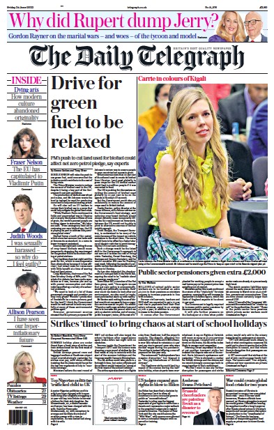 The Daily Telegraph Newspaper Front Page (UK) for 24 June 2022