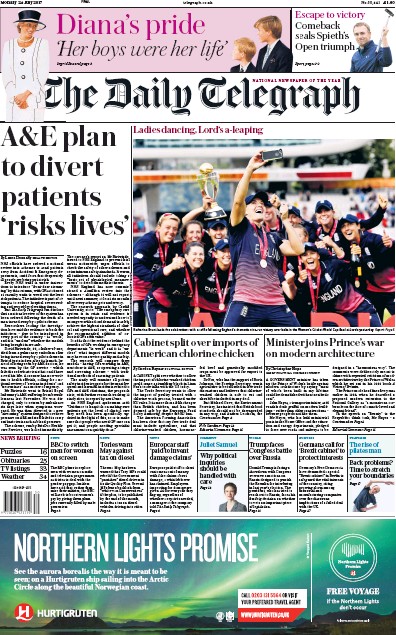 The Daily Telegraph Newspaper Front Page (UK) for 24 July 2017
