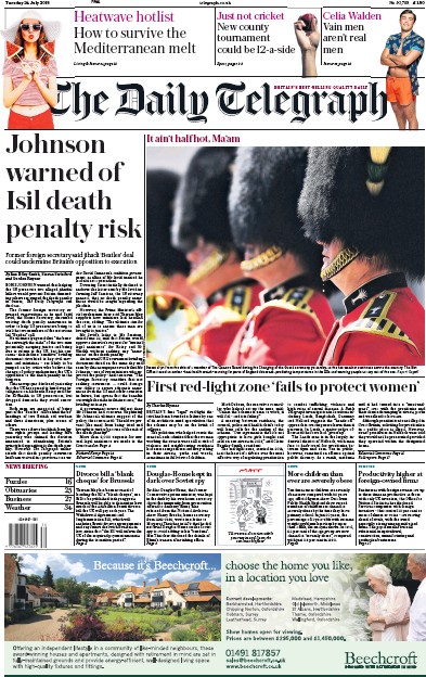 The Daily Telegraph Newspaper Front Page (UK) for 24 July 2018
