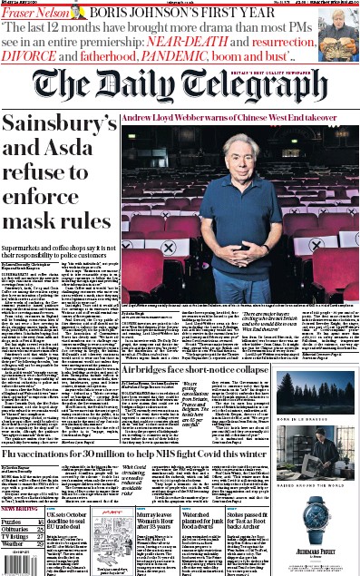 The Daily Telegraph Newspaper Front Page (UK) for 24 July 2020
