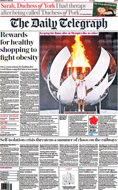 The Daily Telegraph Newspaper Front Page (UK) for 24 July 2021