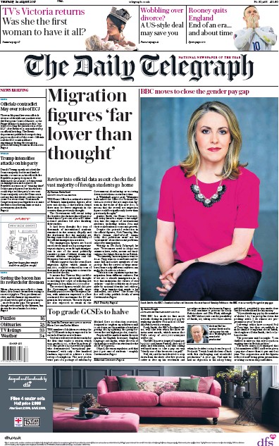 The Daily Telegraph Newspaper Front Page (UK) for 24 August 2017