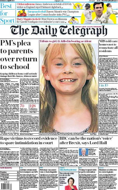The Daily Telegraph Newspaper Front Page (UK) for 24 August 2020