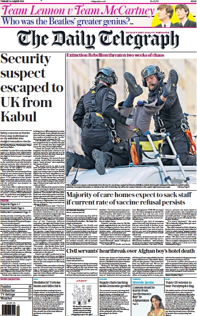The Daily Telegraph Newspaper Front Page (UK) for 24 August 2021