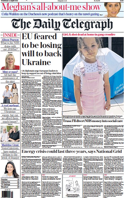 The Daily Telegraph Newspaper Front Page (UK) for 24 August 2022
