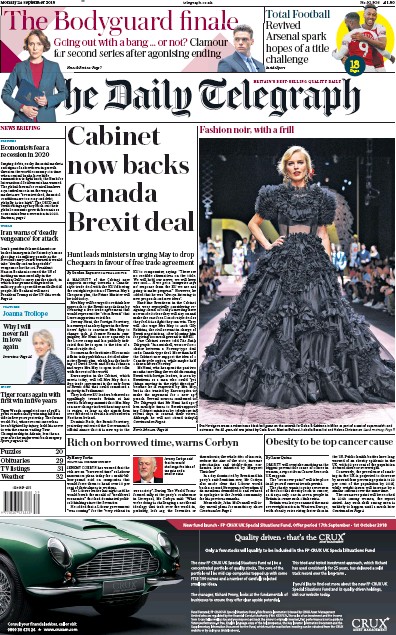 The Daily Telegraph Newspaper Front Page (UK) for 24 September 2018