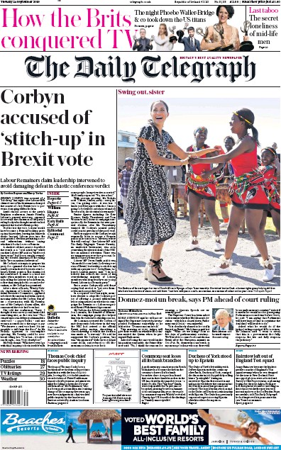 The Daily Telegraph Newspaper Front Page (UK) for 24 September 2019