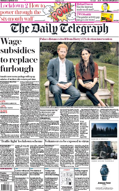 The Daily Telegraph Newspaper Front Page (UK) for 24 September 2020