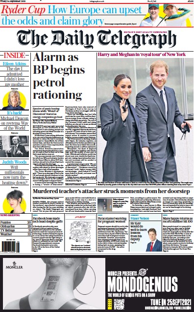 The Daily Telegraph Newspaper Front Page (UK) for 24 September 2021