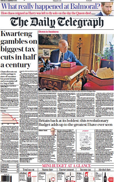 The Daily Telegraph Newspaper Front Page (UK) for 24 September 2022