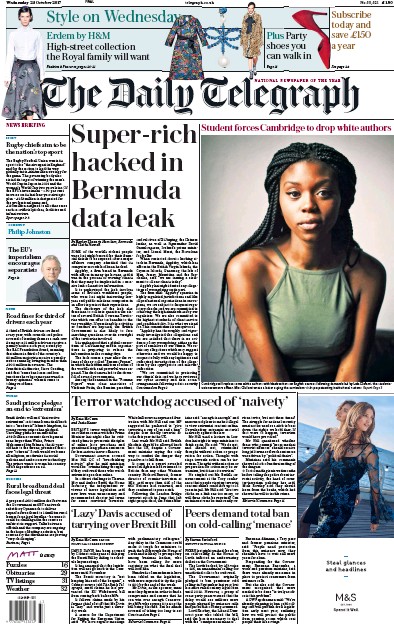 The Daily Telegraph Newspaper Front Page (UK) for 25 October 2017