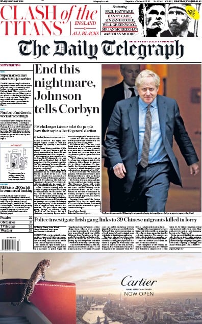 The Daily Telegraph Newspaper Front Page (UK) for 25 October 2019