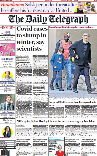 The Daily Telegraph Newspaper Front Page (UK) for 25 October 2021