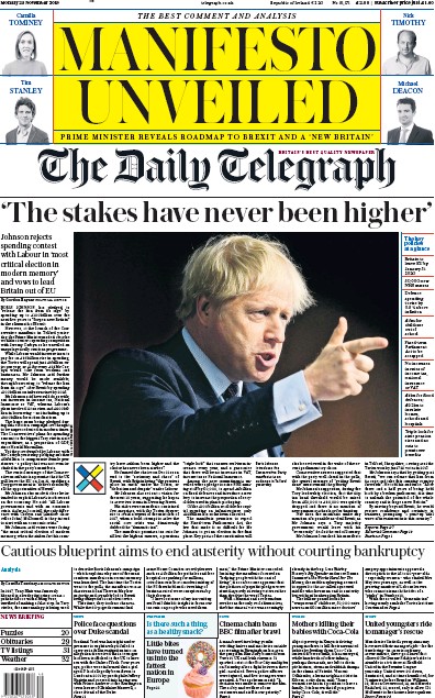 The Daily Telegraph Newspaper Front Page (UK) for 25 November 2019
