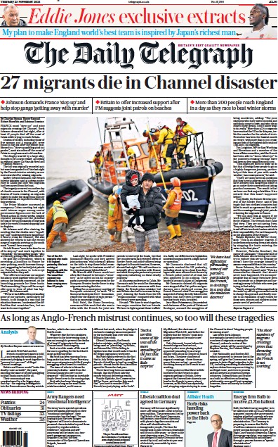 The Daily Telegraph Newspaper Front Page (UK) for 25 November 2021