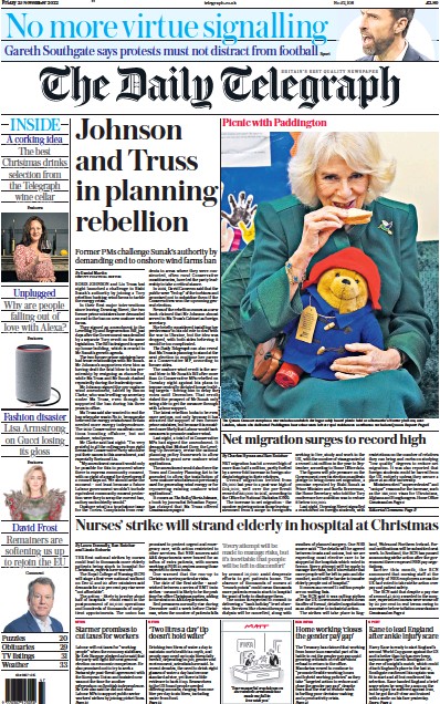 The Daily Telegraph Newspaper Front Page (UK) for 25 November 2022