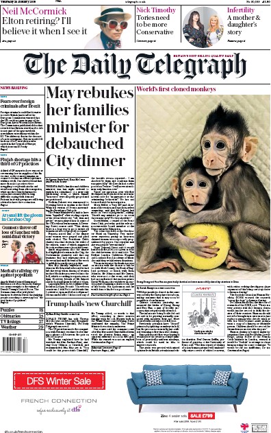 The Daily Telegraph Newspaper Front Page (UK) for 25 January 2018