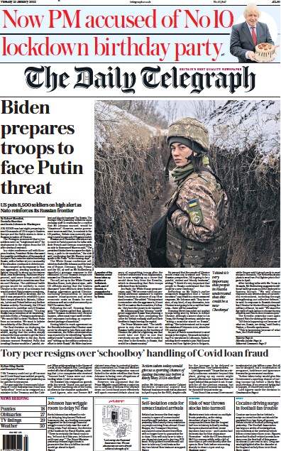 The Daily Telegraph Newspaper Front Page (UK) for 25 January 2022
