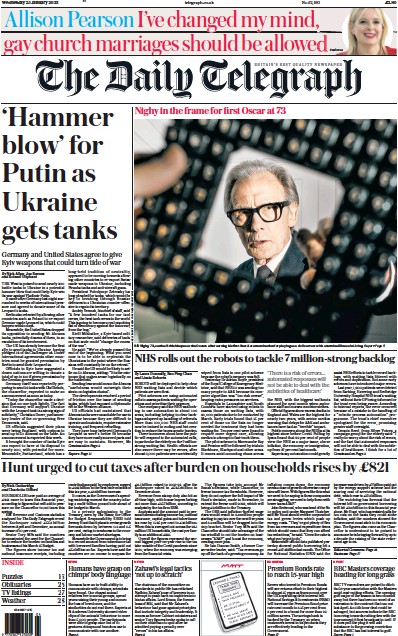 The Daily Telegraph Newspaper Front Page (UK) for 25 January 2023