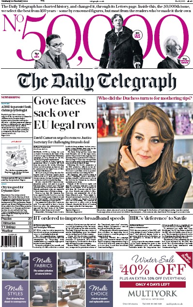 The Daily Telegraph Newspaper Front Page (UK) for 25 February 2016