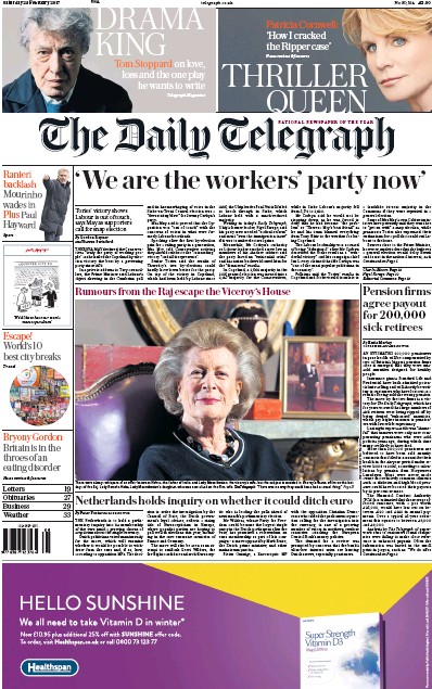 The Daily Telegraph Newspaper Front Page (UK) for 25 February 2017