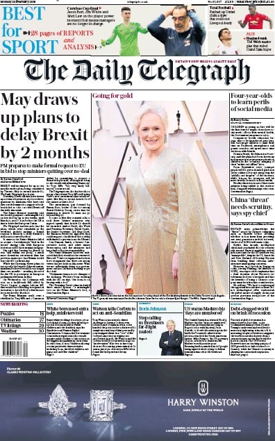 The Daily Telegraph Newspaper Front Page (UK) for 25 February 2019