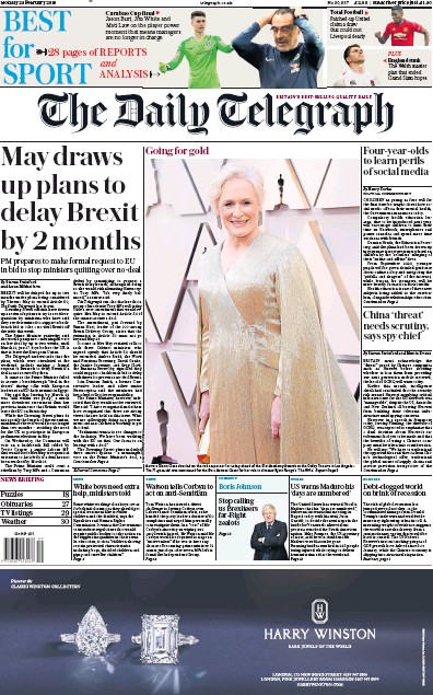 The Daily Telegraph Newspaper Front Page (UK) for 25 February 2019