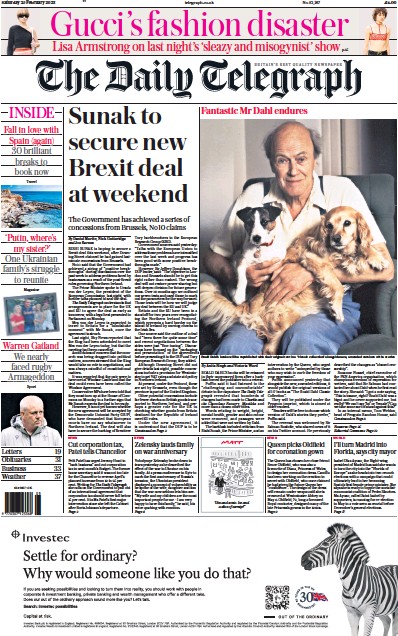 The Daily Telegraph Newspaper Front Page (UK) for 25 February 2023