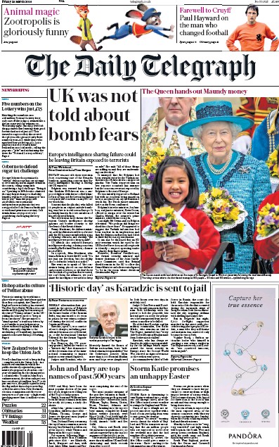 The Daily Telegraph Newspaper Front Page (UK) for 25 March 2016