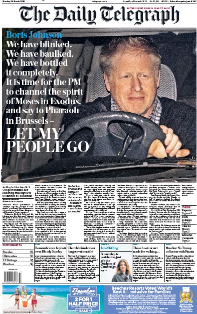The Daily Telegraph Newspaper Front Page (UK) for 25 March 2019