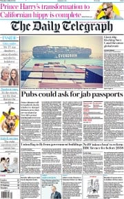 The Daily Telegraph (UK) Newspaper Front Page for 25 March 2021