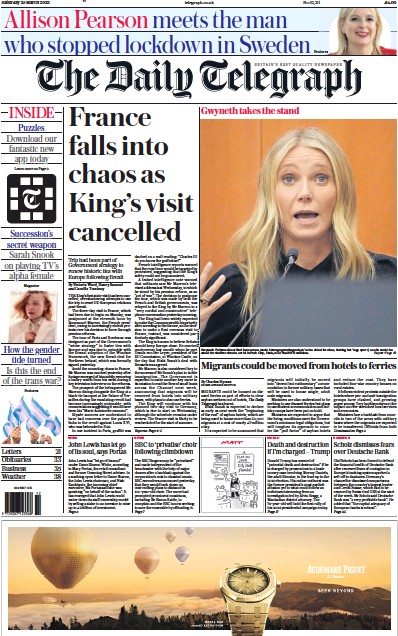 The Daily Telegraph Newspaper Front Page (UK) for 25 March 2023