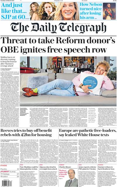 The Daily Telegraph Newspaper Front Page (UK) for 25 March 2025