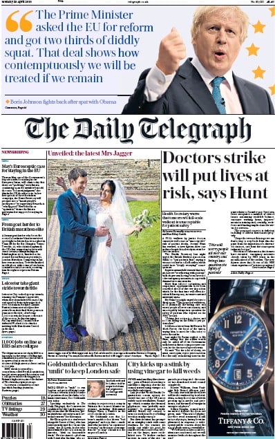 The Daily Telegraph Newspaper Front Page (UK) for 25 April 2016