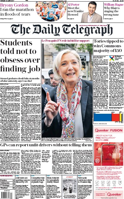 The Daily Telegraph Newspaper Front Page (UK) for 25 April 2017