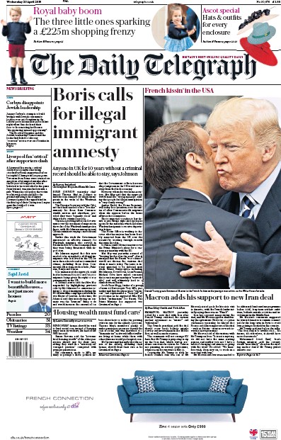 The Daily Telegraph Newspaper Front Page (UK) for 25 April 2018