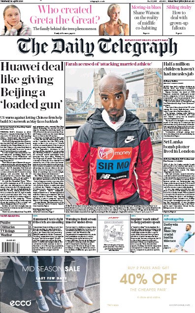 The Daily Telegraph Newspaper Front Page (UK) for 25 April 2019